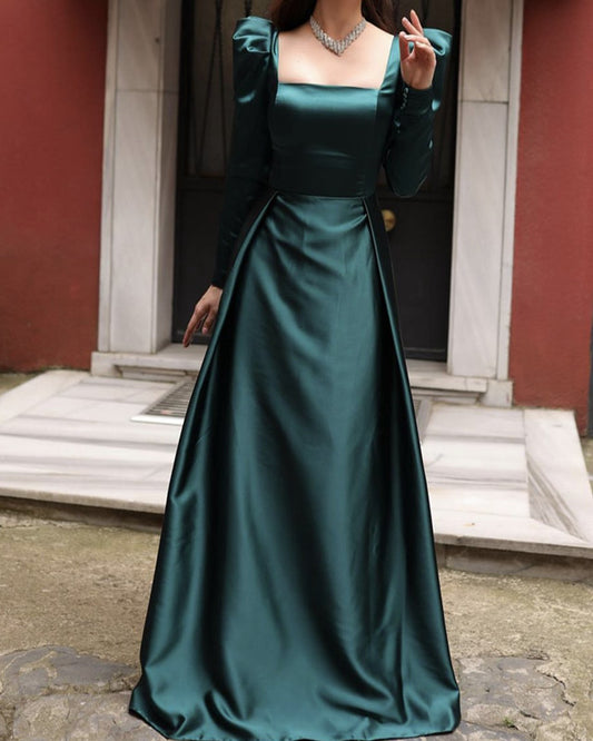 Dark Green Long Sleeve Satin Gown