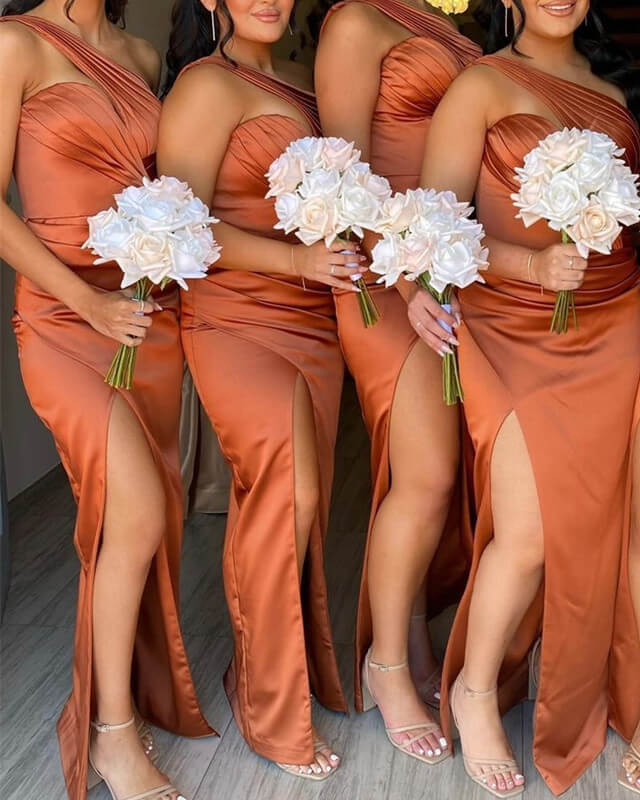 Mermaid Burnt Orange Satin One Shoulder Split Dress