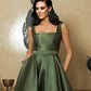 Olive Green Satin Floor Length Dress With Pockets