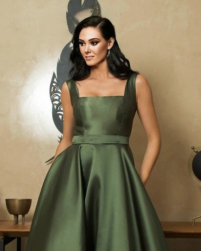 Olive Green Satin Floor Length Dress With Pockets