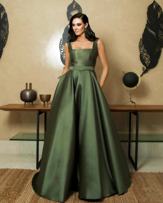 Olive Green Satin Floor Length Dress With Pockets