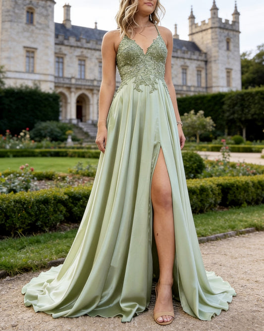 Emma | A Line Appliques V Neck Slit Dress