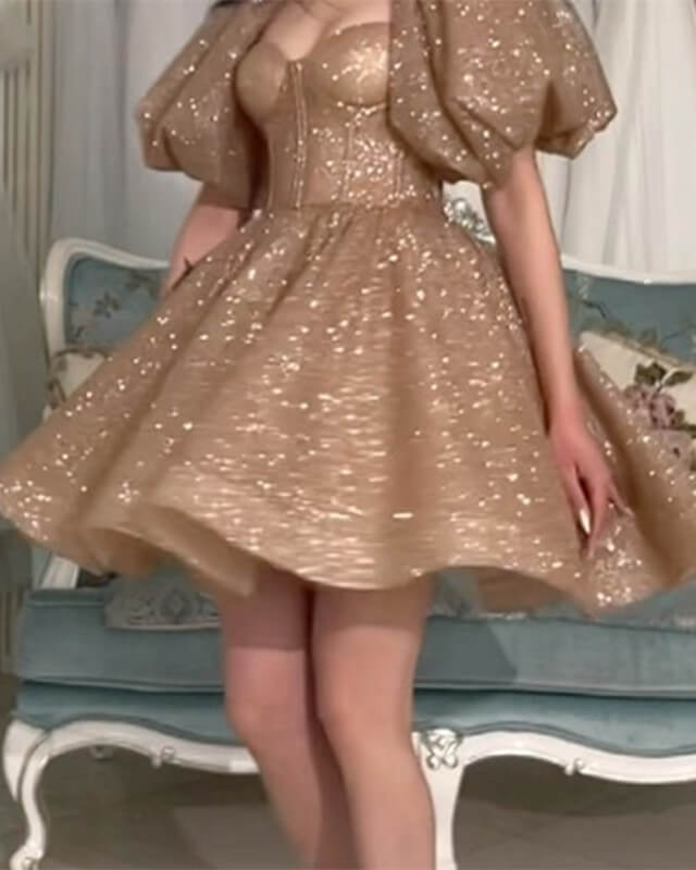 Short Gold Sparkly Dress With Sleeves