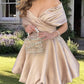 Short Off Shoulder Champagne Satin Dress