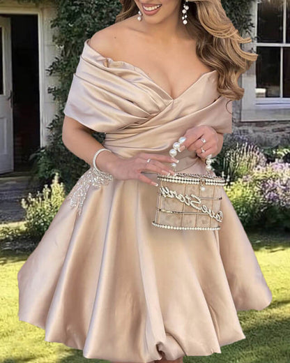 Short Off Shoulder Champagne Satin Dress