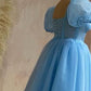 Blue Tulle Puffy Sleeve Midi Dress