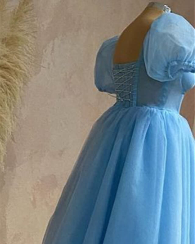 Blue Tulle Puffy Sleeve Midi Dress