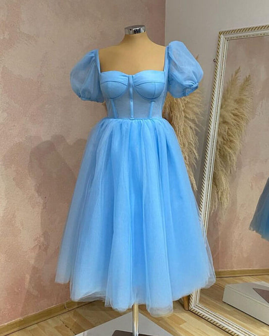 Blue Tulle Puffy Sleeve Midi Dress