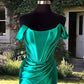 Tight Emerald Green Off-Shoulder Satin Dress