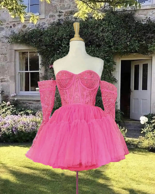 Short Hot Pink Tulle Dress With Lace Sleeves