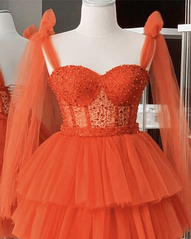 Short Orange Tulle Beaded Corset Dress