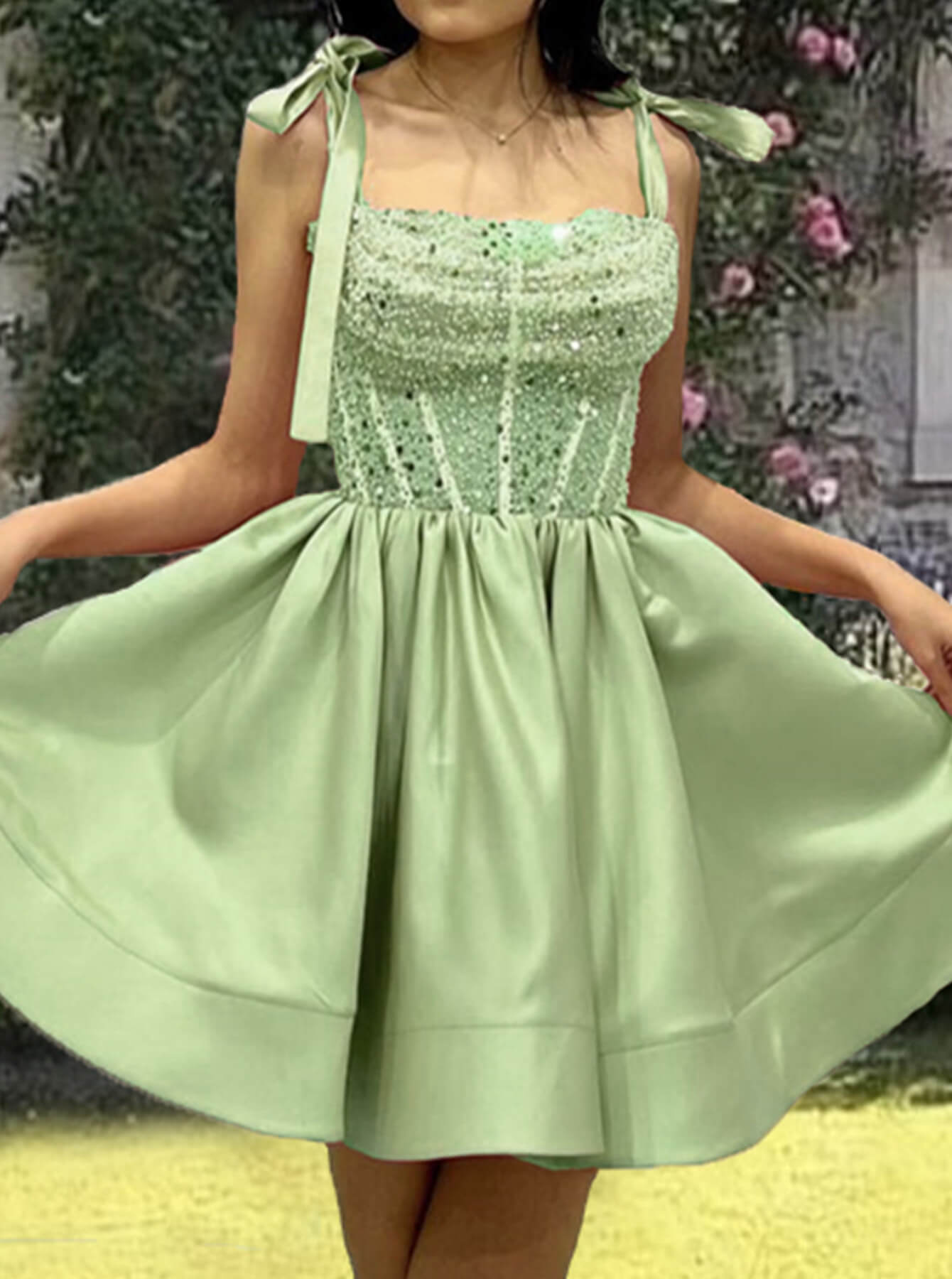 Short Sage Satin Sequin Beaded Homecoming Dress