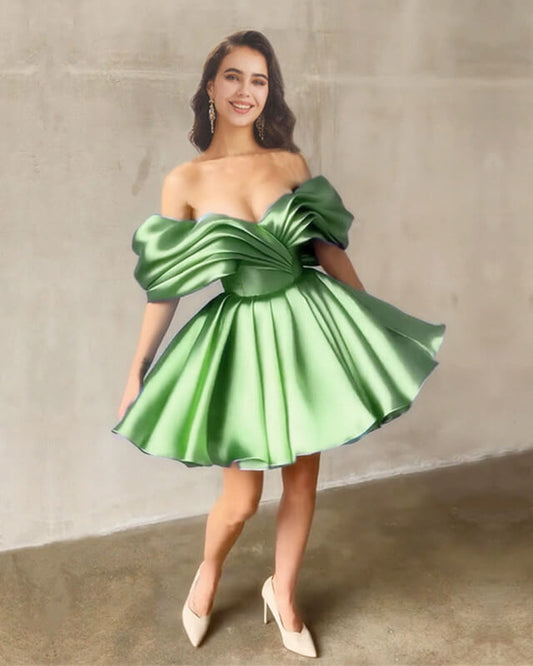 Short Light Green Satin Ruffle Dress