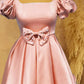 Short Pink Satin Party Dress With Bow