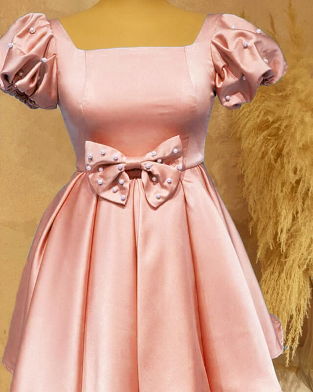 Short Pink Satin Party Dress With Bow