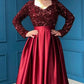 Modest Burgundy Satin V-neck Dress With Sequin Sleeves