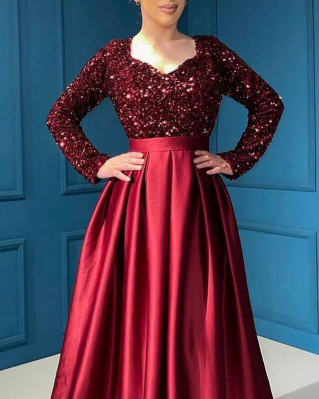 Modest Burgundy Satin V-neck Dress With Sequin Sleeves