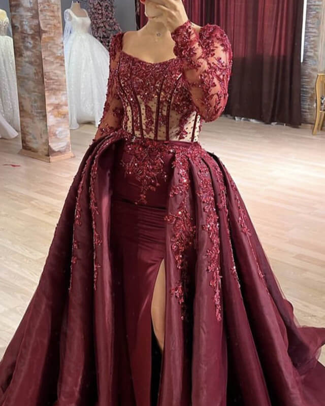 burgundy mermaid dress with sleeves Burgundy Deep V-Neck Long Sleeve Mermaid Prom Dress With Sequins