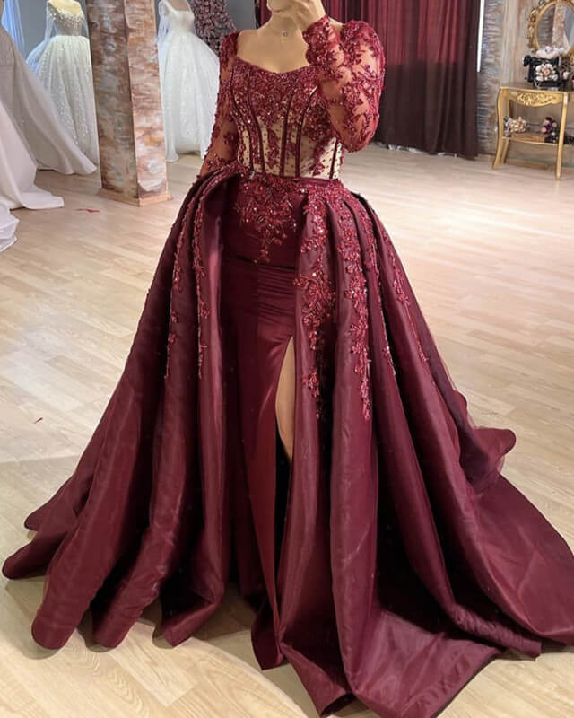 Burgundy Mermaid Sheer Lace Sleeve Satin Split Dress Lisposa Burgundy Mermaid Sheer Lace Sleeve Satin Split Dress Lisposa