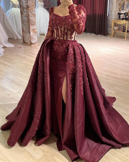 Burgundy Mermaid Sheer Lace Sleeve Satin Split Dress