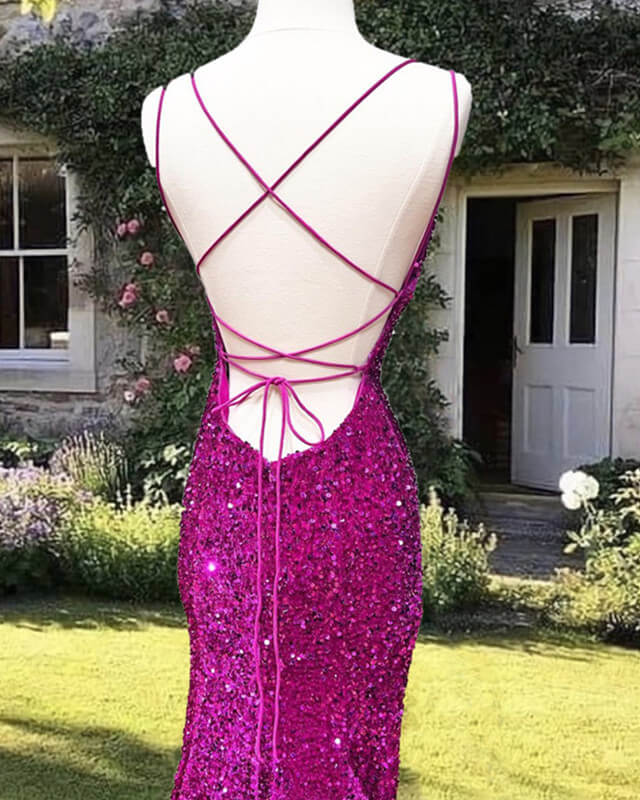 Mermaid Fuchsia Sequin Open Back Dress