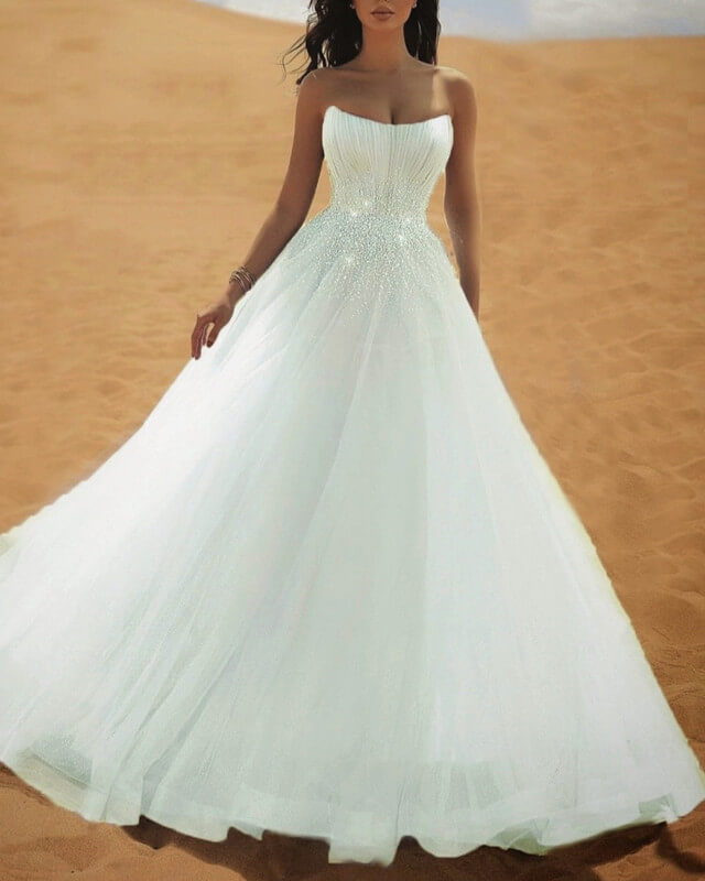 Long Tulle Strapless Dress With Sparkles