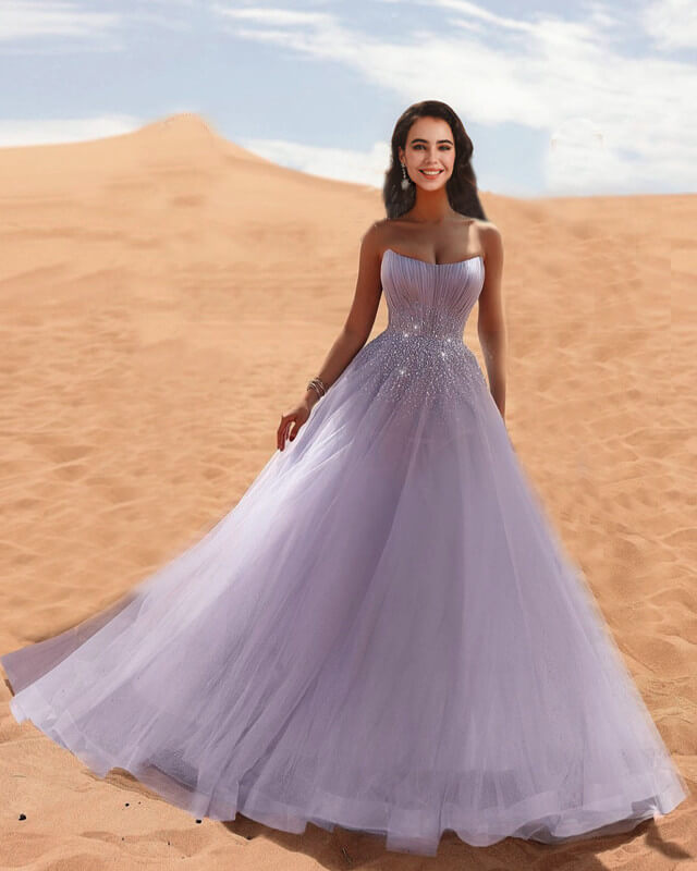 Long Tulle Strapless Dress With Sparkles