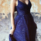 Sparkly Navy Blue Tulle V-neck Split Dress