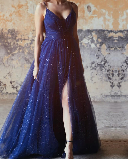 Sparkly Navy Blue Tulle V-neck Split Dress