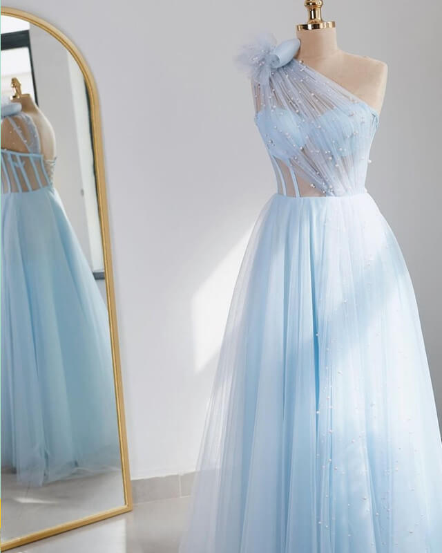 Light Blue Tulle One Shoulder Dress