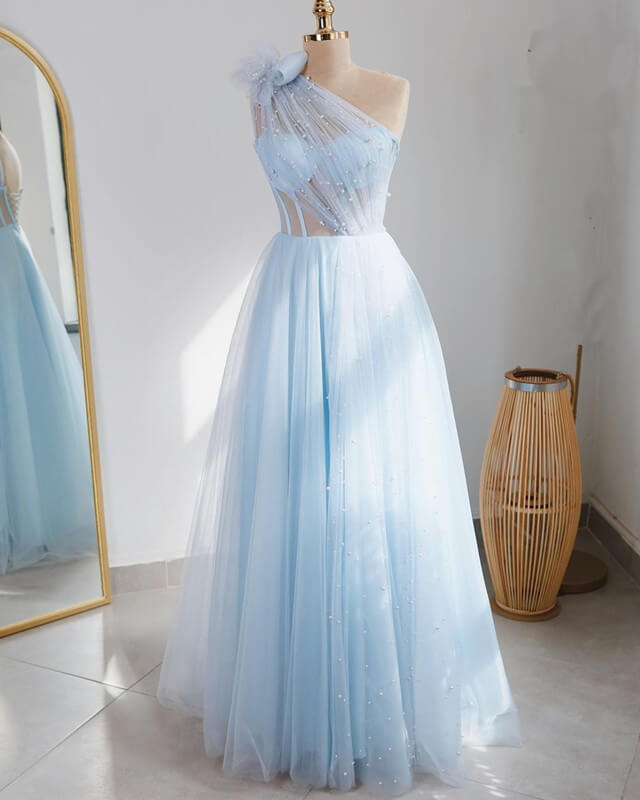 Light Blue Tulle One Shoulder Dress