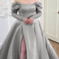 Silver Off Shoulder Split Satin Dress With Sleeves