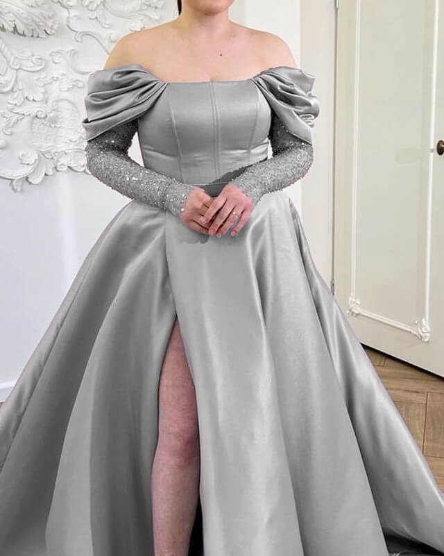 Silver Off Shoulder Split Satin Dress With Sleeves