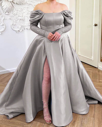 Silver Off Shoulder Split Satin Dress With Sleeves