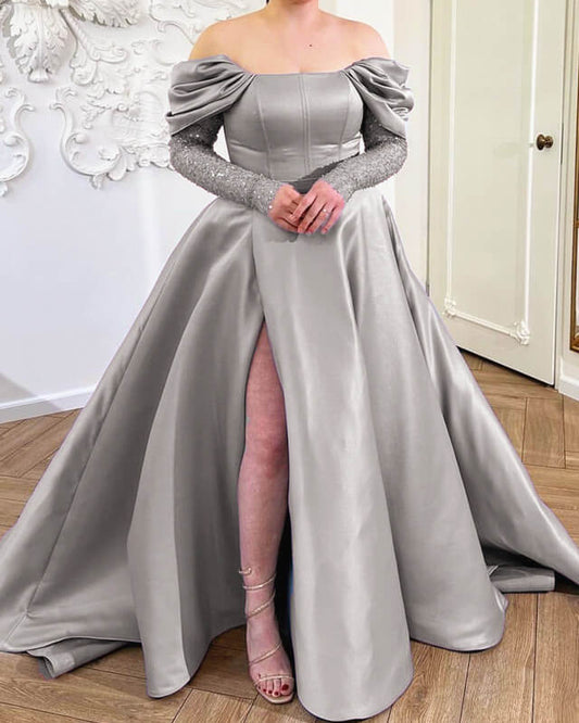 Silver Off Shoulder Split Satin Dress With Sleeves