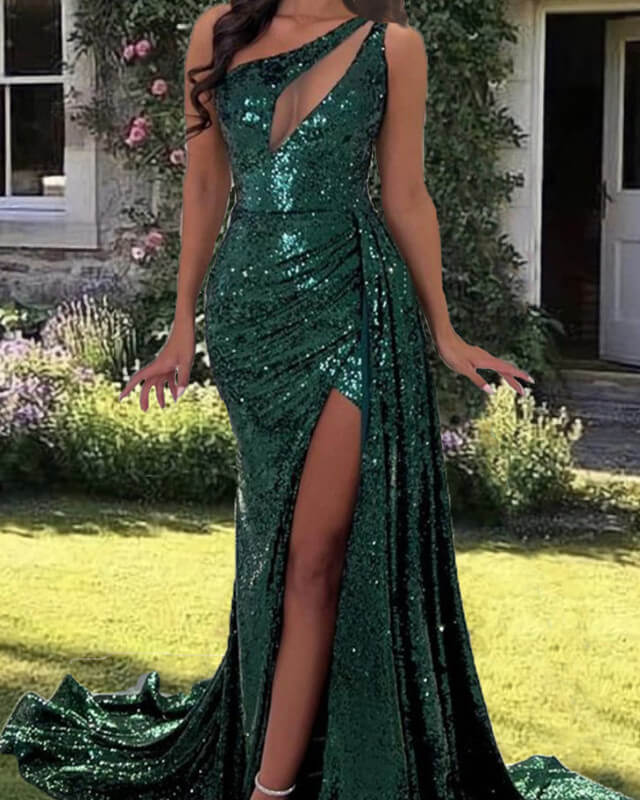 Mermaid Emerald Green Sequin One Shoulder Dress