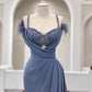 Mermaid Dusty Blue V-neck Split Gown With Feathers