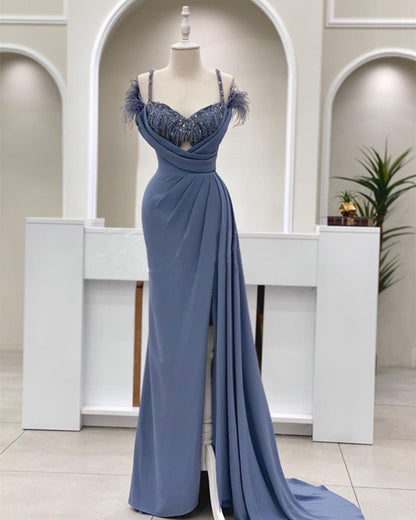 Mermaid Dusty Blue V-neck Split Gown With Feathers