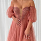 Coral Tulle Puffy Sleeve Dress