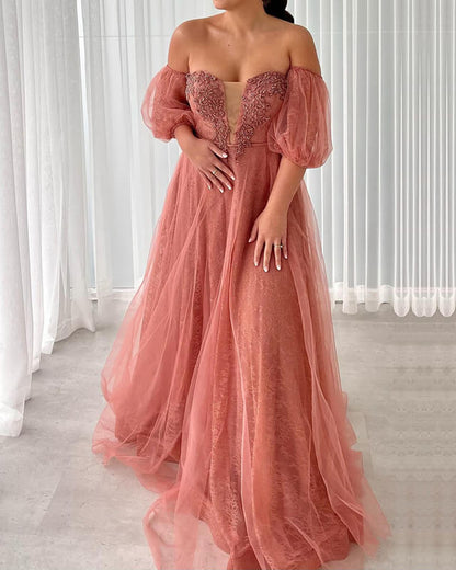 Coral Tulle Puffy Sleeve Dress