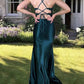 Green Satin Mermaid Cross Back Split Dress