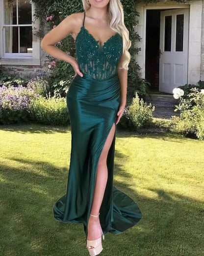 Green Satin Mermaid Cross Back Split Dress Lisposa Green Satin Mermaid Cross Back Split Dress Lisposa