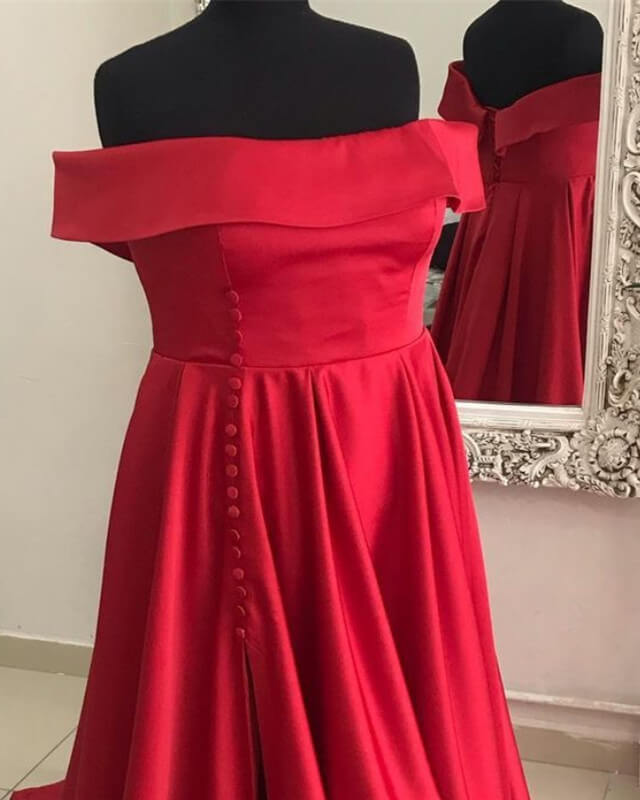Long Red Plus Size Satin Off Shoulder Dress