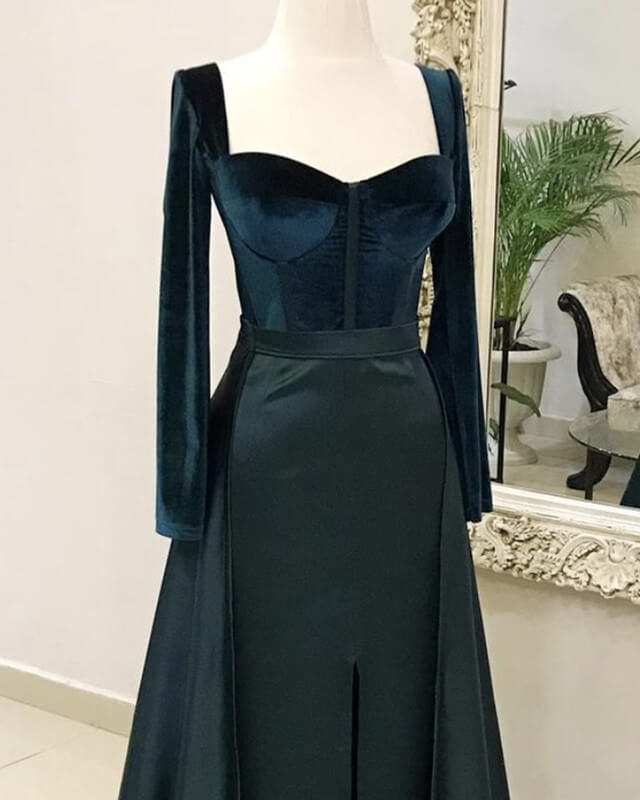 Velvet Long Sleeve Satin Split Gown