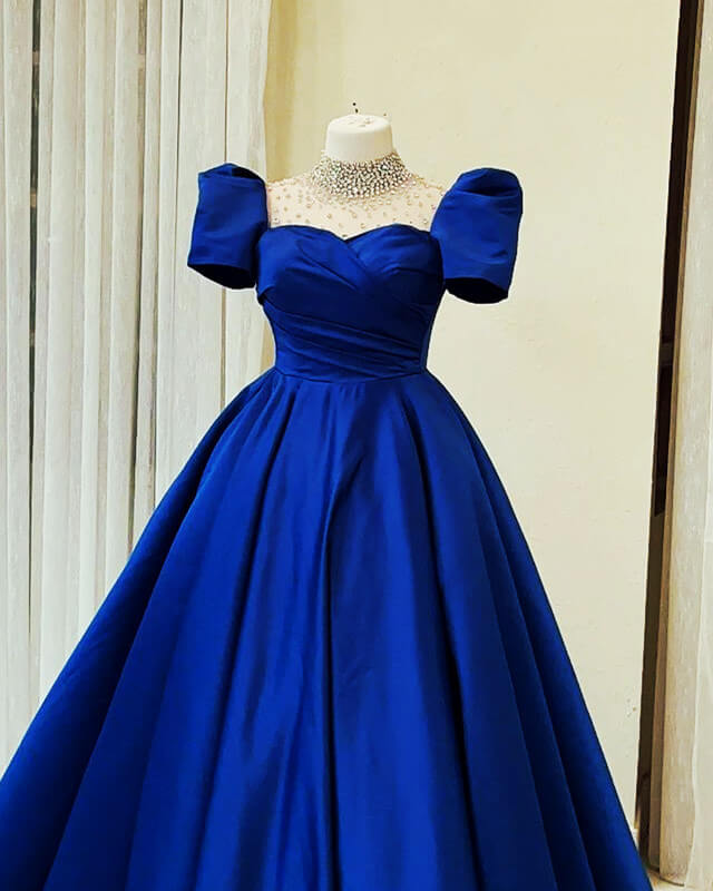 Beaded High Neck Cap Sleeve Satin Ball Gown