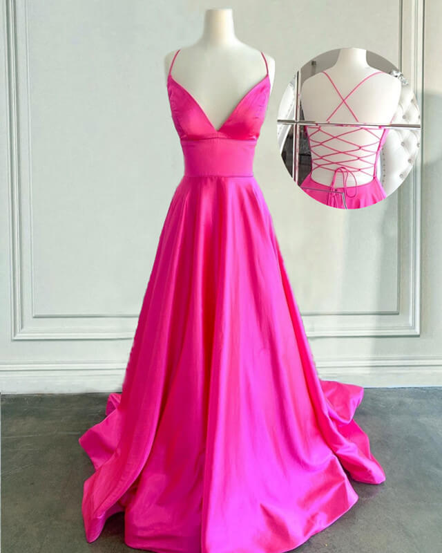 Hot Pink Satin Open Back Dress