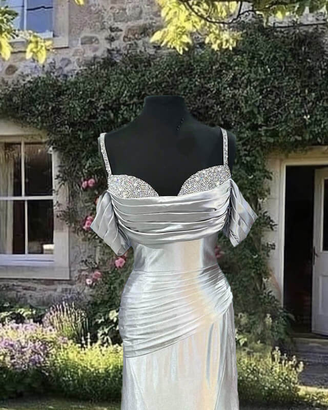 Mermaid Silver Satin Cold Shoulder Dress