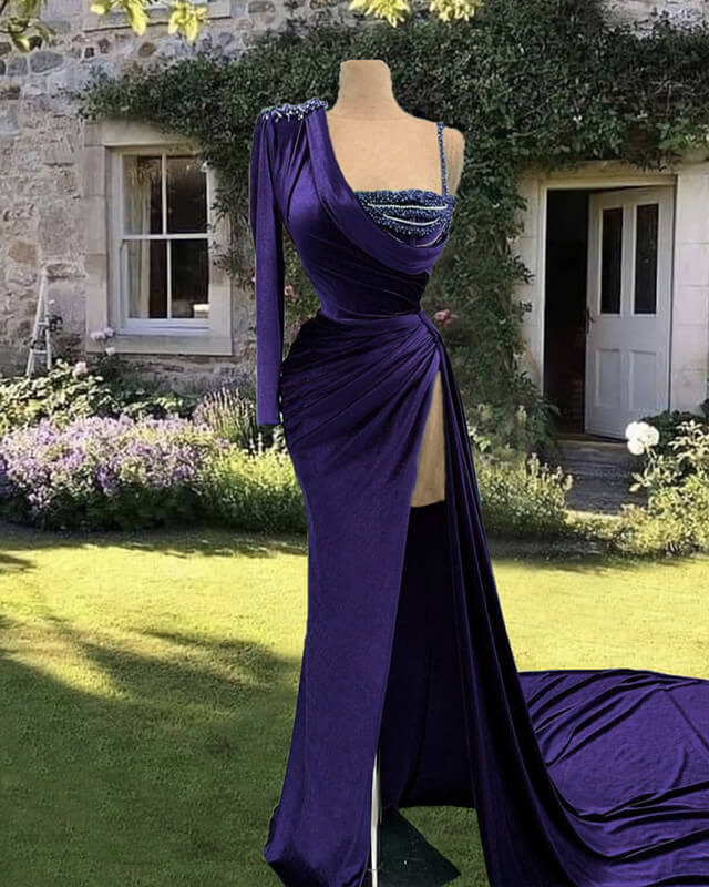 Mermaid Velvet One Sleeve Dress With Slit