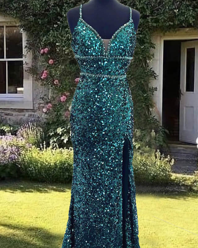 Mermaid Emerald Green Sequin V-neck Dress