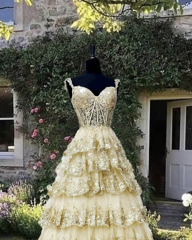 Light Gold Lace Ball Gown Dress